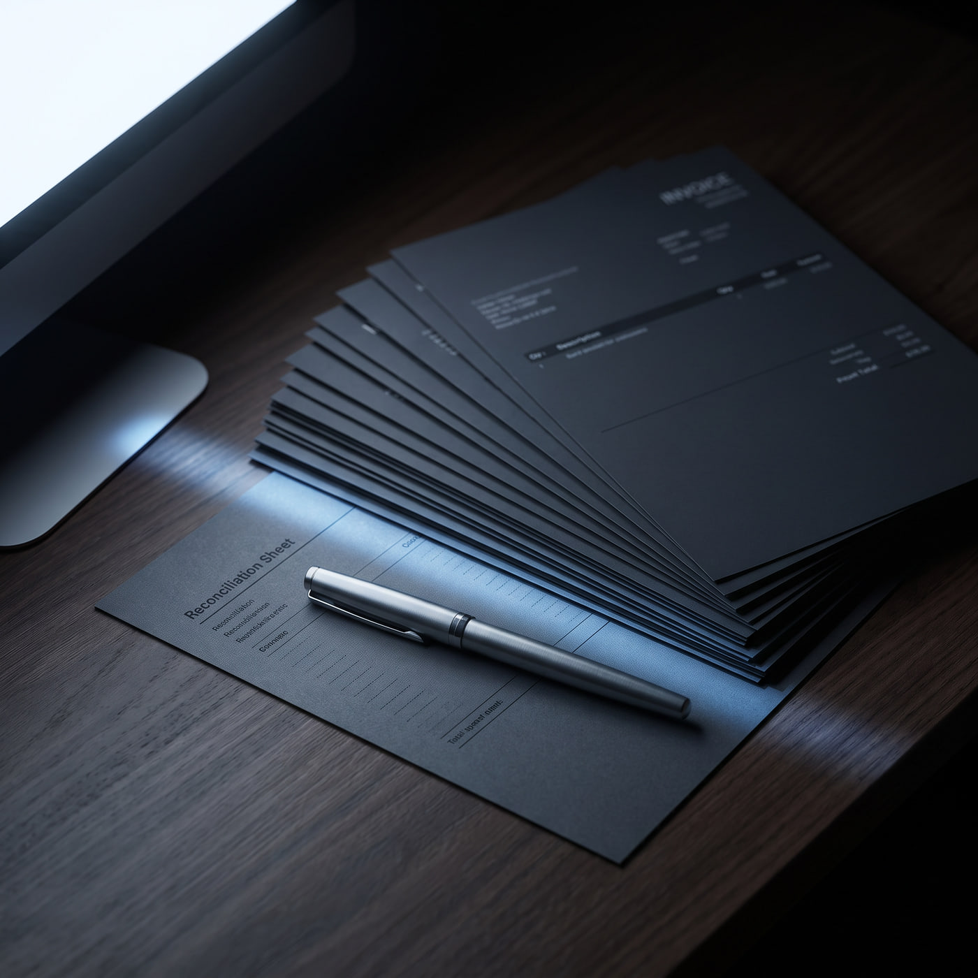 Invoices fanned across a dark desk beside a reconciliation sheet, lit by a monitor off frame
