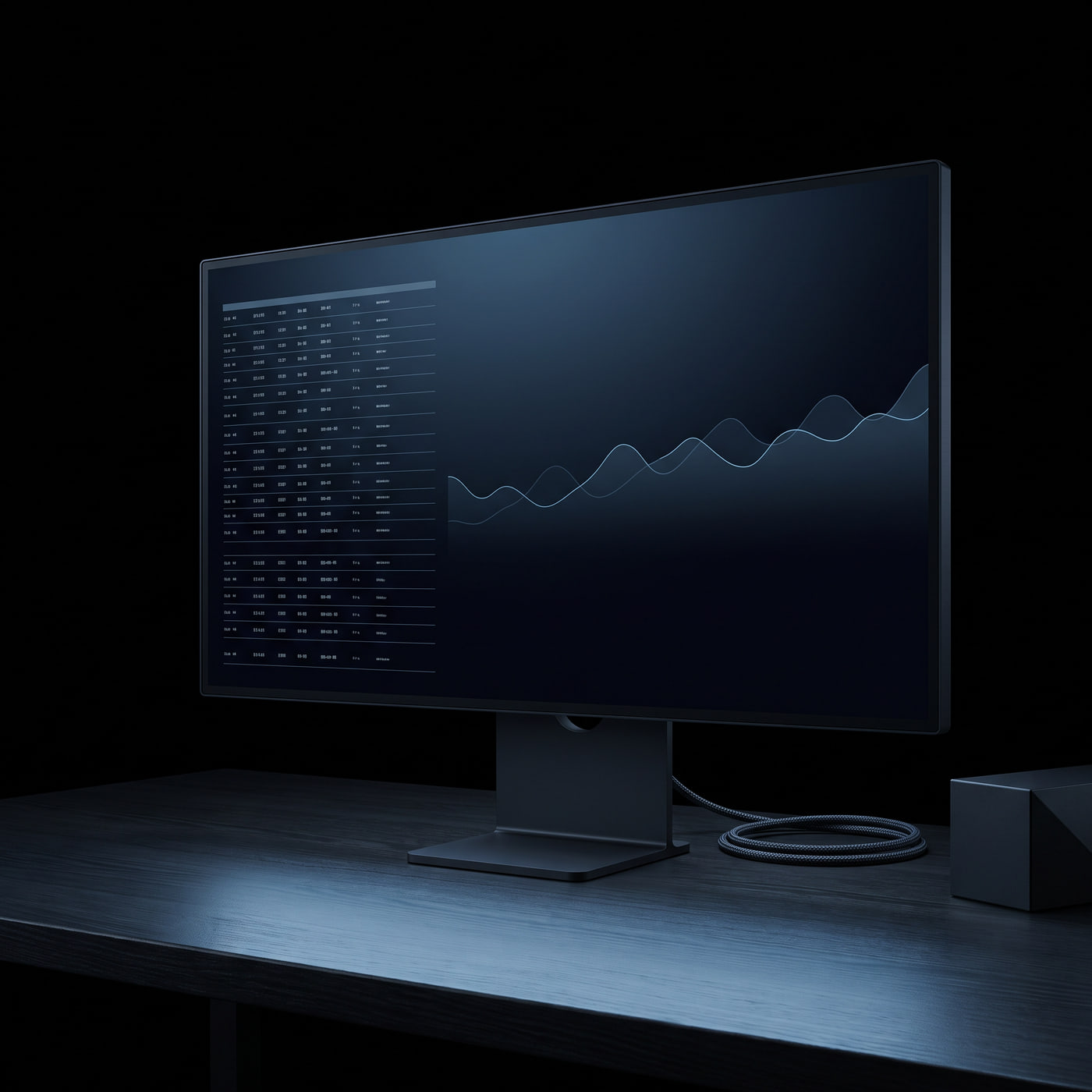 A single monitor in an unlit room showing a dark data interface, the only light in the frame